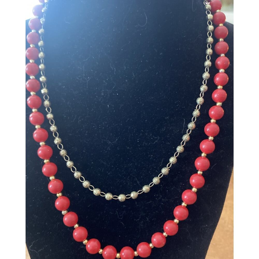 Napier Two Tier Red And Gold Tone Beaded Necklace - Picture 2 of 5